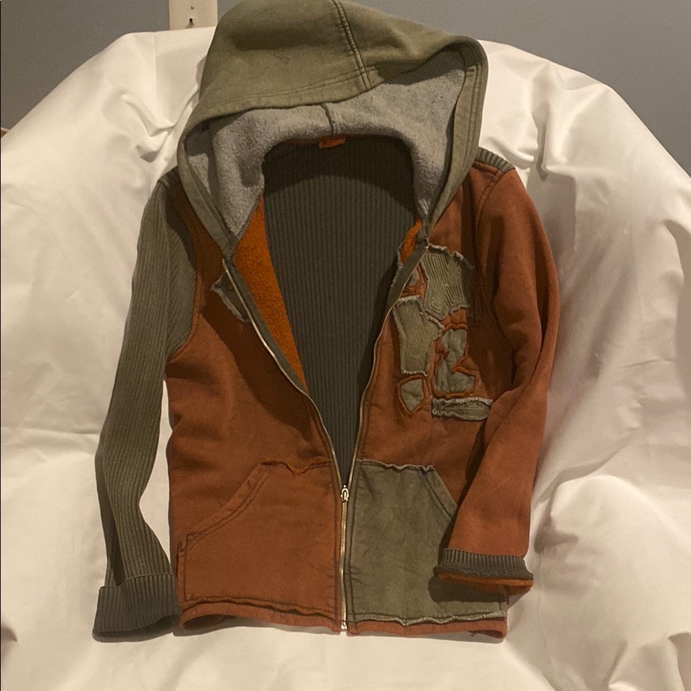 Olive Green and Rust Orange Colorblocked Zip-Up Jacket